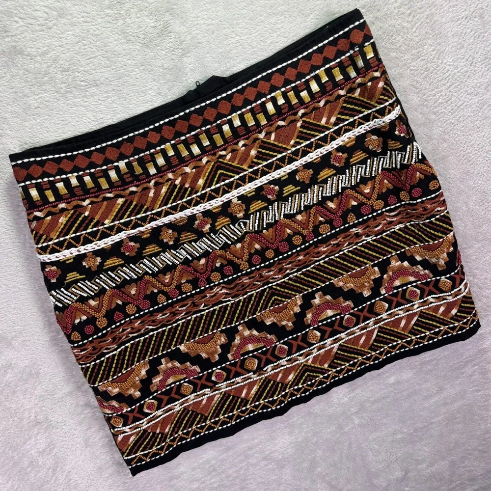H&M Women Mini Skirt Size 10 Black Multicolor Beaded‎ Embroidered Geometric Boho
